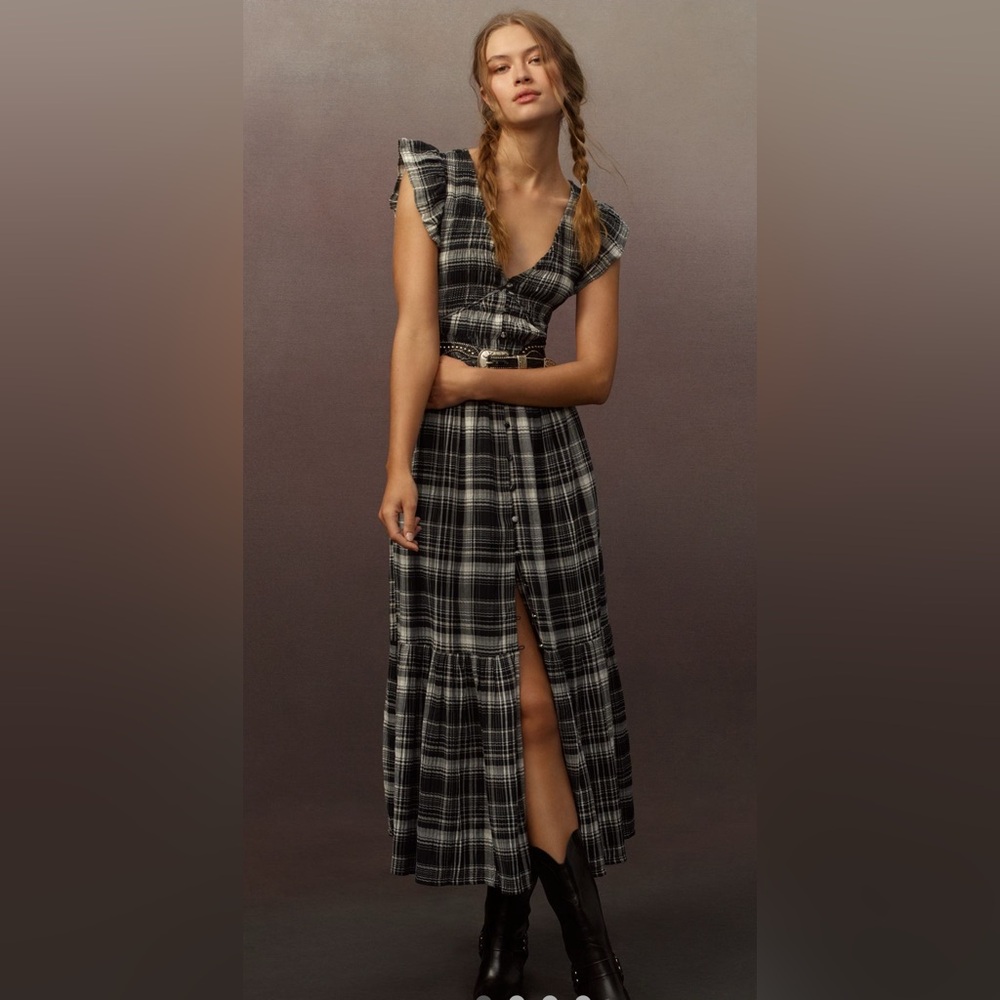 Anthropologie The Peregrine Midi Dress Plaid Edition, medium black